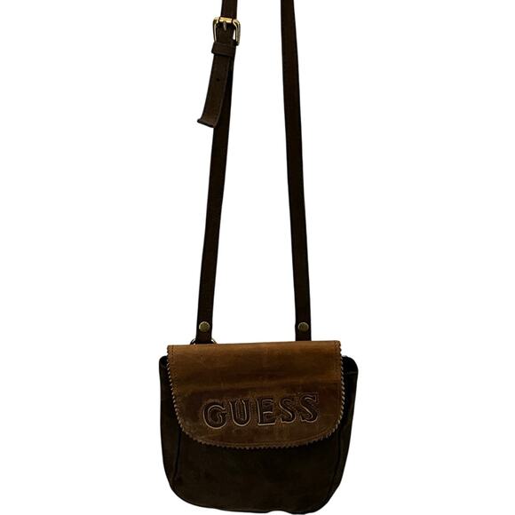 Vintage Guess Brown Tooled Leather Crossbody Boho Saddle Bag Purse - Picture 2 of 11